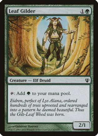 Elf druid character in forest setting on a green card.