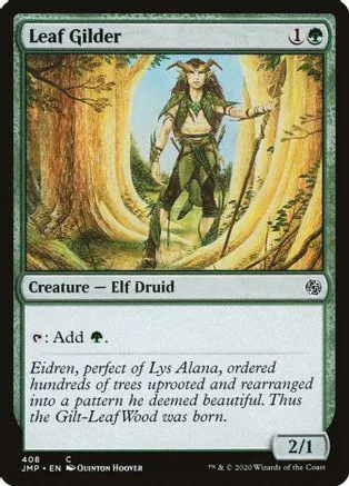 Elf druid character in a sunlit forest, green and brown tones, Magic: The Gathering card.