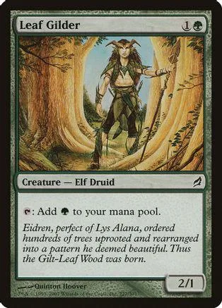 Elf druid character in forest setting on a collectible trading card.