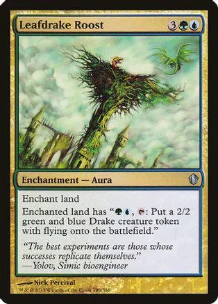 Green and blue card art of a tree with a creature on top. Enchantment Aura.