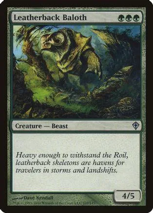 Leatherback Baloth creature card art showing a large, dark beast in a forest.