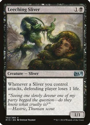 Green creature attacking a person in dark, moody fantasy art.