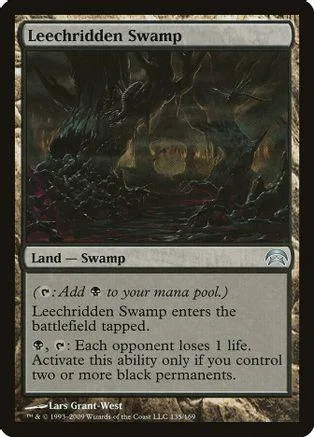 Dark swamp landscape art on a black and white Magic: The Gathering card.