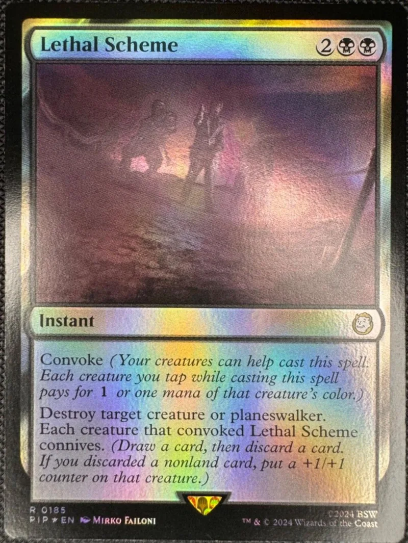 Magic: The Gathering card, Lethal Scheme, purple and black art, standard card frame.
