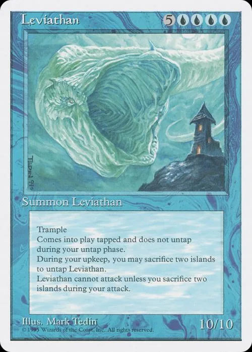 Large green leviathan over a dark tower on a blue card.