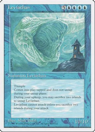 Large green leviathan over dark island on a blue card.