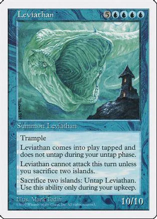 Green leviathan monster on blue card with dark tower in background.