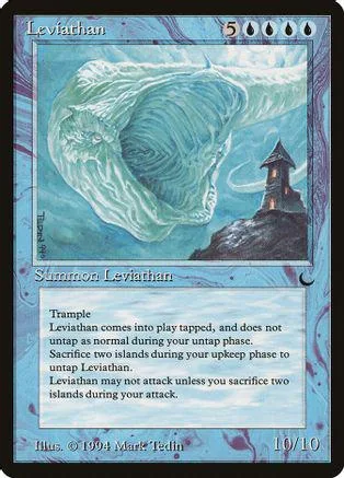 Large teal leviathan creature over dark island with tower. Magic: The Gathering card.