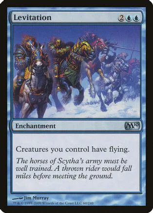 Fantasy battle scene on a blue and white Magic: The Gathering card.