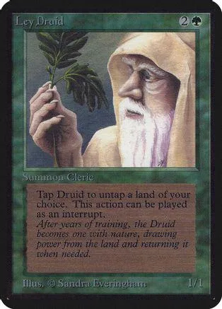 Druid character in hood holding green leaves on a Magic: The Gathering card.