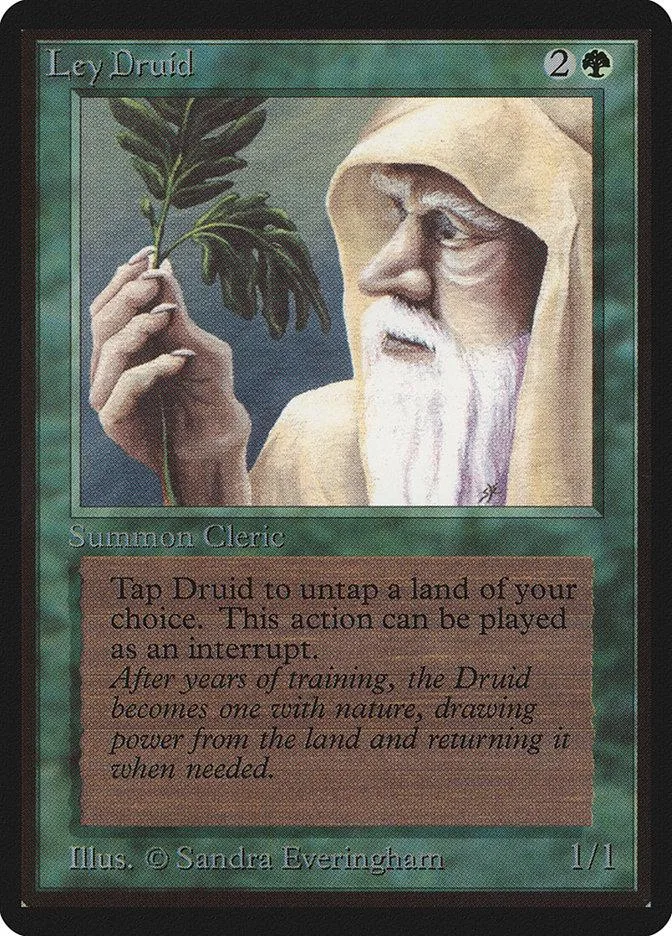 Card art of an old man with white beard holding green leaves.