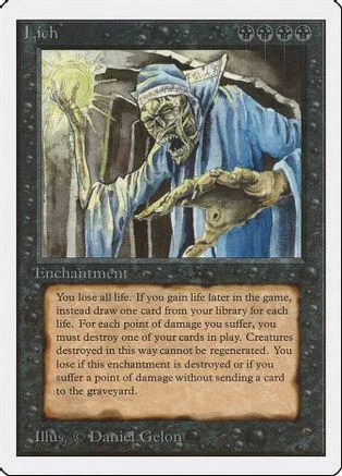 Blue and gray card art of a hooded, decaying figure casting a spell.