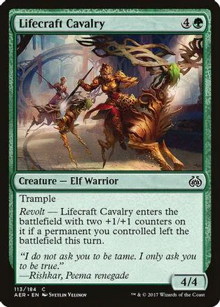 Elf warrior on horseback in battle, green and brown colors, Magic: The Gathering card.