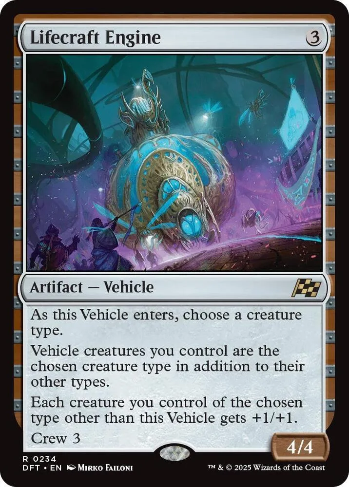 Magic: The Gathering card, Lifecraft Engine, blue and green art, 4/4 stats.