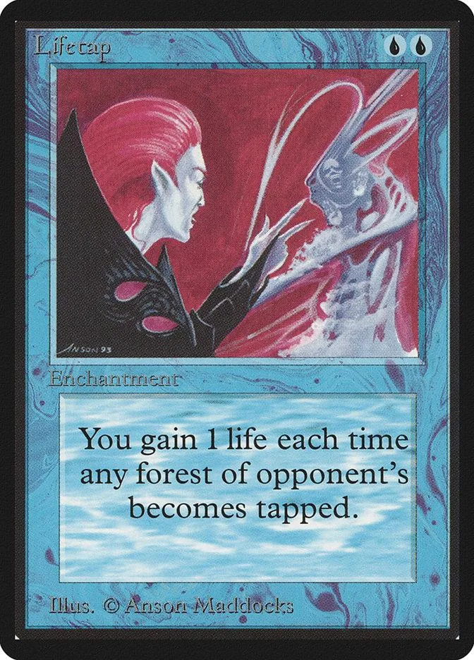 Card art featuring two figures against a red background. Blue text box below.