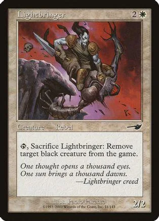 Dark, armored figure on a fiery red background in a Magic: The Gathering card.