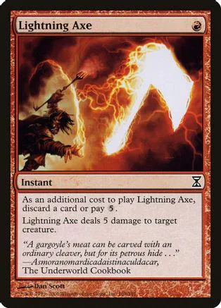 Card art depicts a dark figure facing a bright, fiery axe against a red background.