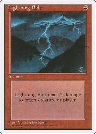 Lightning Bolt Magic: The Gathering card showing a blue lightning strike over dark mountains.