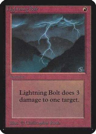 Magic: The Gathering Lightning Bolt card, dark blue lightning over mountains.