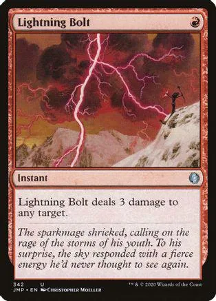 Lightning Bolt Magic: The Gathering card, lightning striking over mountains.