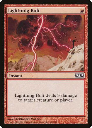 Lightning Bolt Magic: The Gathering card, red lightning striking mountains.