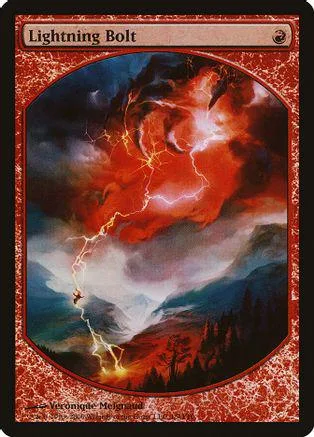 Red and dark blue lightning bolt over stormy mountains on a trading card.