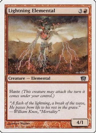 Lightning Elemental card art: stormy landscape with glowing, electrical creature.