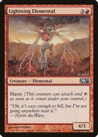 Elemental creature card art, dark stormy scene, Lightning Elemental, M12 set.