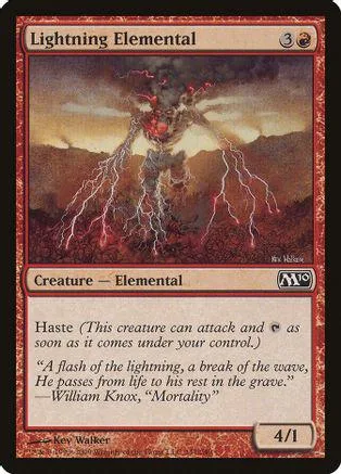Elemental creature card with lightning, red and brown tones, showing a stormy landscape.