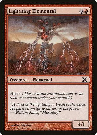 Elemental creature with lightning, dark landscape, and white lightning bolts.