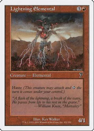Lightning Elemental card art: stormy, electric creature amidst dark, mountainous landscape.