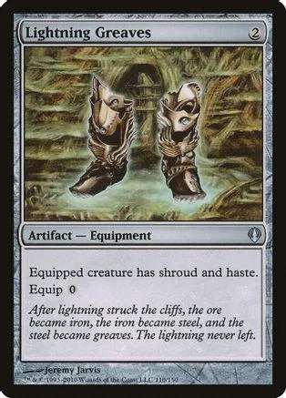 Two armored figures stand in a dark, mossy environment on a trading card.