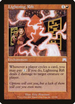 Lightning Rift card art featuring a woman amidst bright, crackling orange and white lightning.