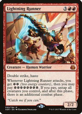 Lightning Runner creature card art: armored warrior leaping with lightning effects.