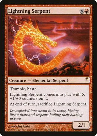 Orange and yellow lightning serpent creature card art, showing a fiery, coiled dragon.