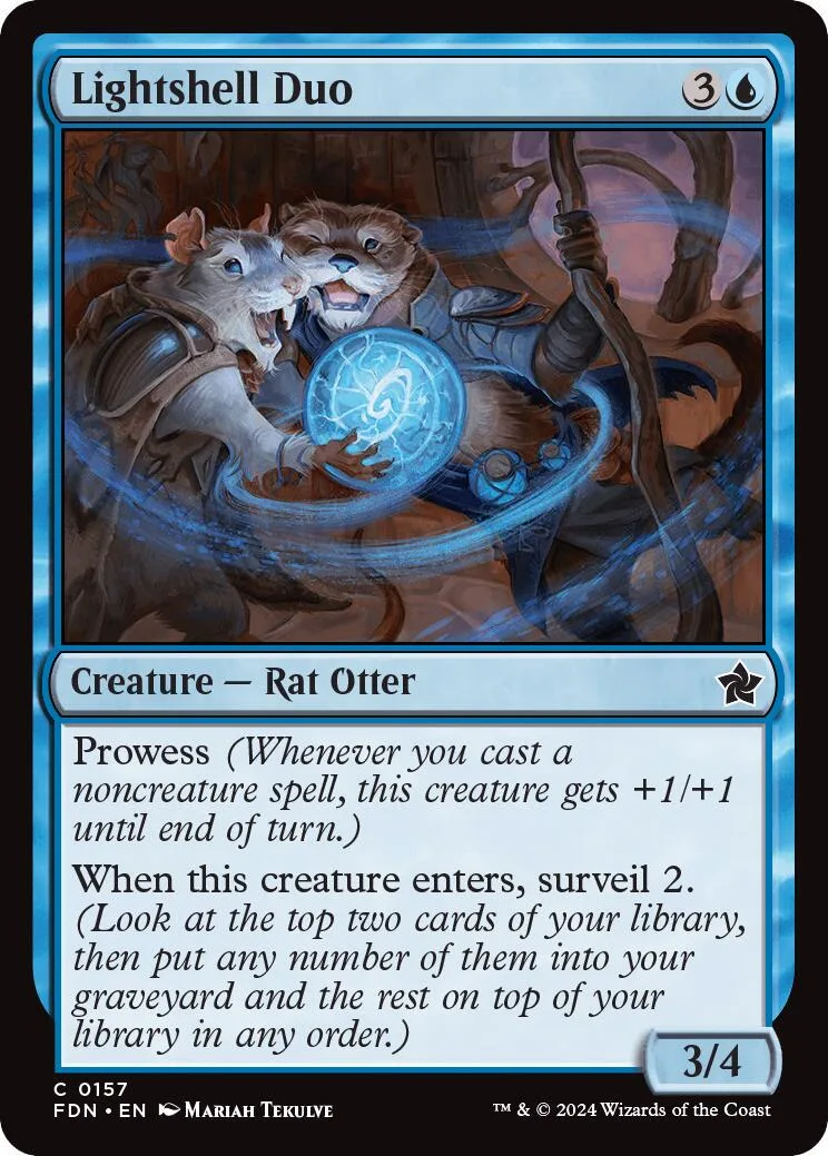 Rat otter creature card art, blue glowing orb, brown and grey tones.