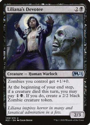 Warlock figure with skull next to him on a dark, purple Magic: The Gathering card.