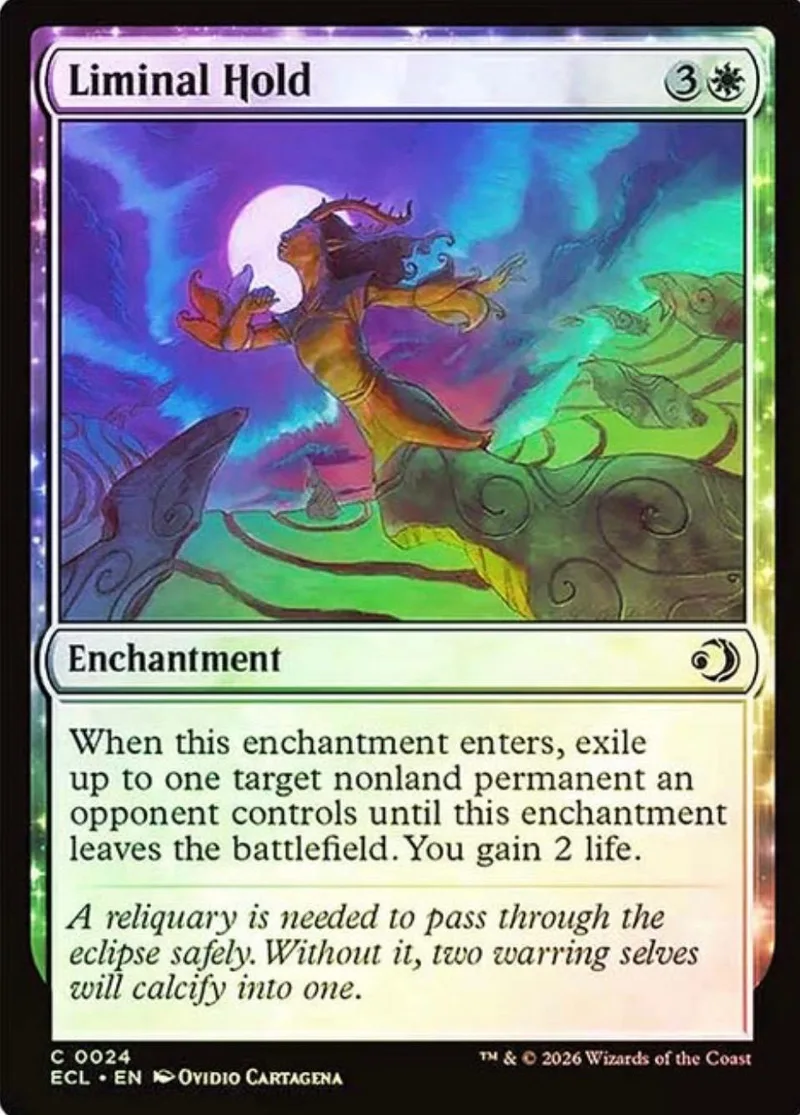 Purple and blue fantasy art card: Liminal Hold enchantment.