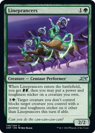 Centaur performer card art, purple background, green and blue figures on horseback.