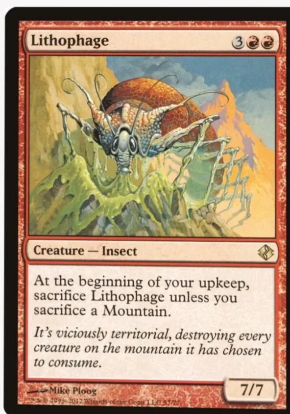 Insect creature card art: large brown beetle on green and orange mountain.