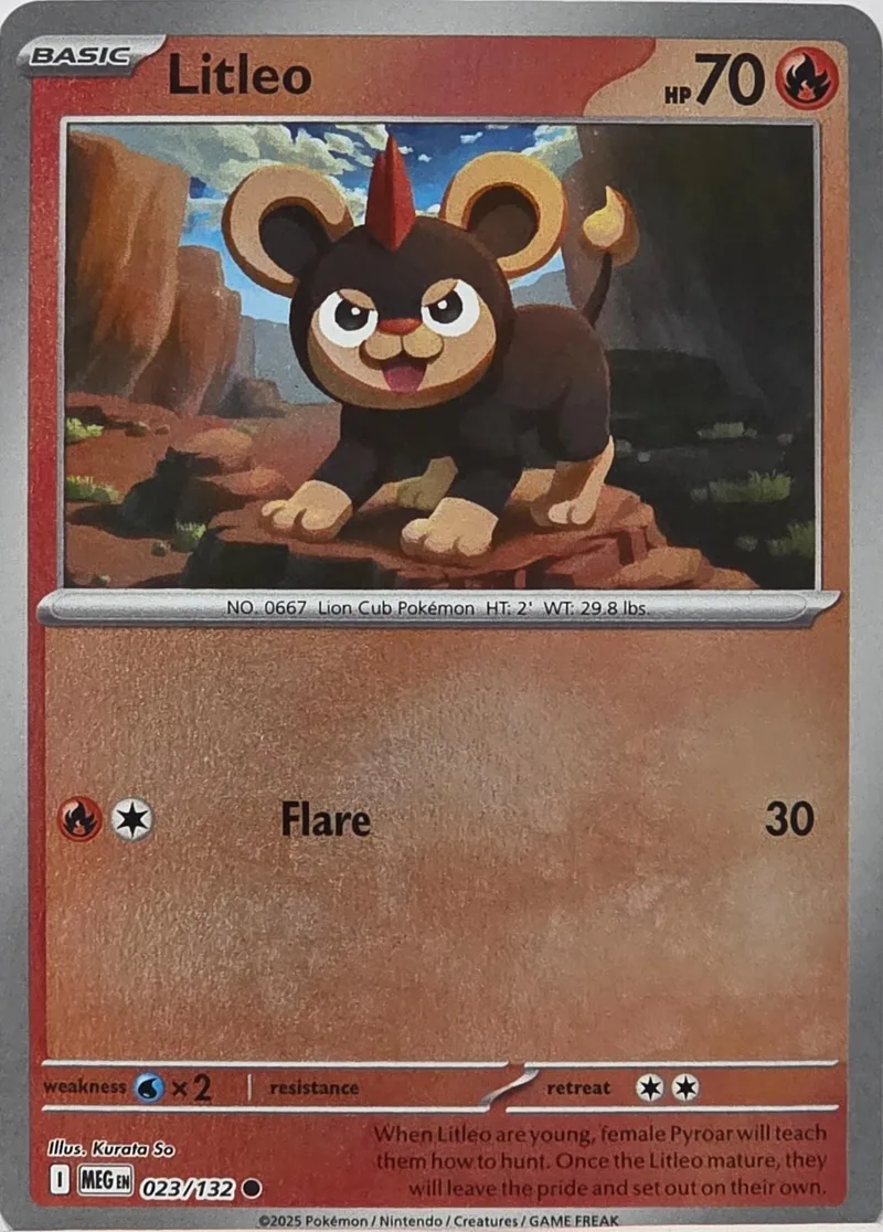 Dark brown lion cub Pokémon card with orange flame symbol.