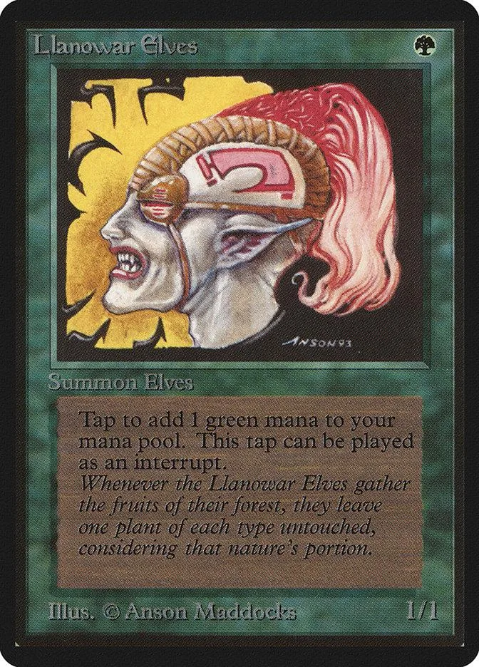 Elven creature card art, profile view, red hair, green and black card frame.