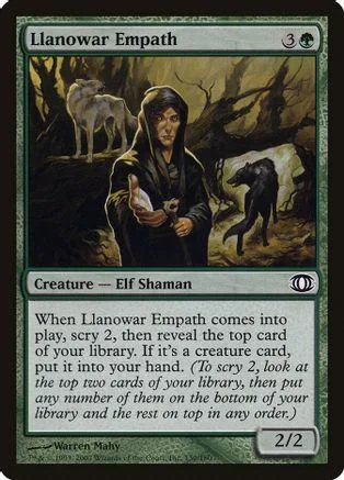 Elf shaman holding a small creature in a dark, wooded setting.