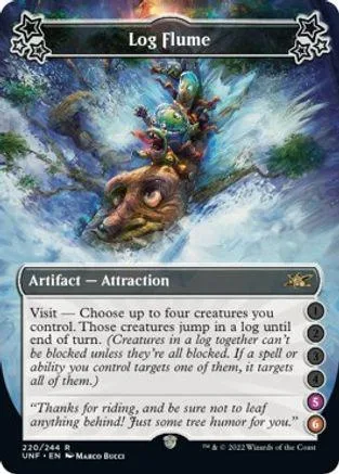 Card art depicts a log floating through a misty, wooded landscape.