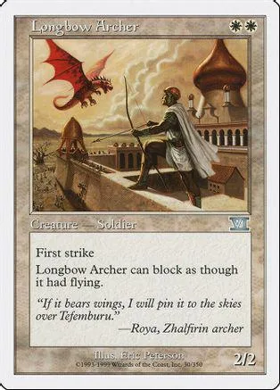 Card art: Archer with bow against a backdrop of a castle and flying dragon.