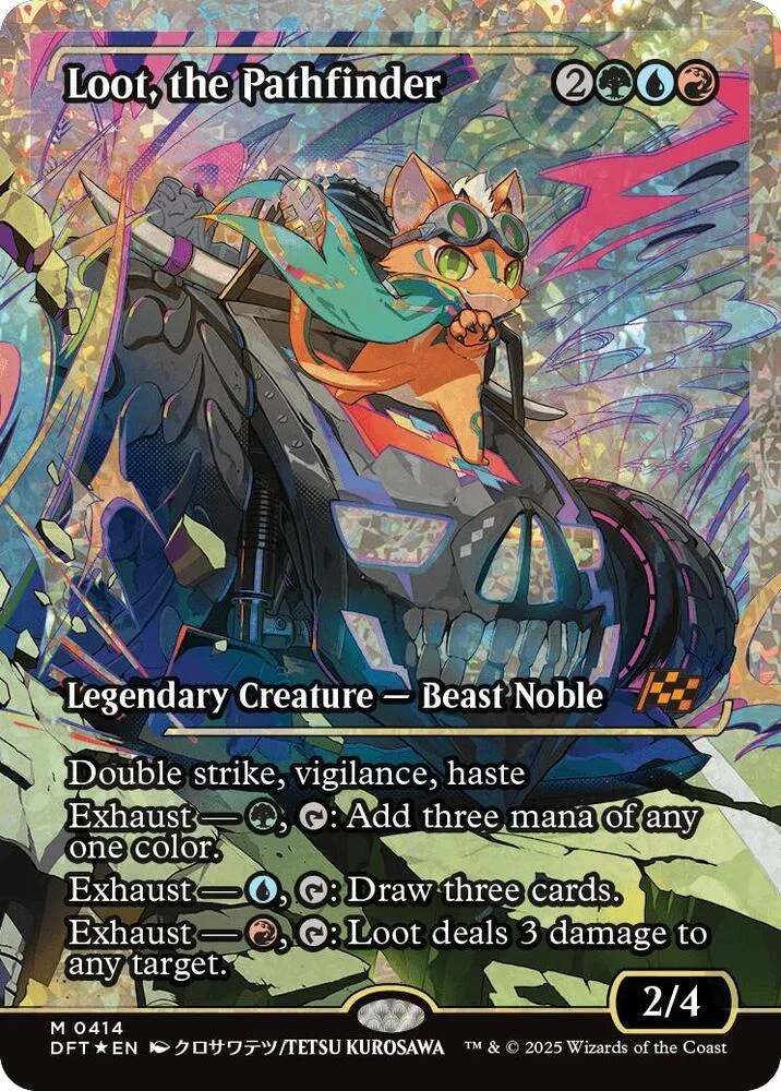 Orange and black creature card art, "Loot, the Pathfinder," in a colorful frame.