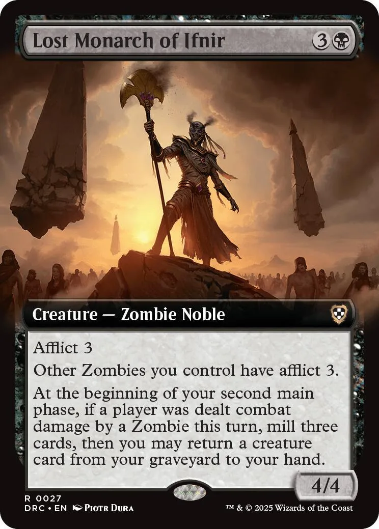 Zombie noble creature card, dark tones, standing on rock against sunset.