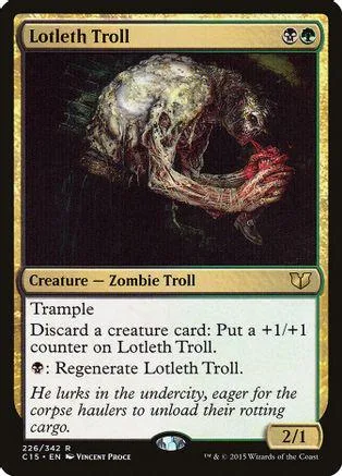Zombie troll creature card art, dark tones, showing a decaying skeletal figure.