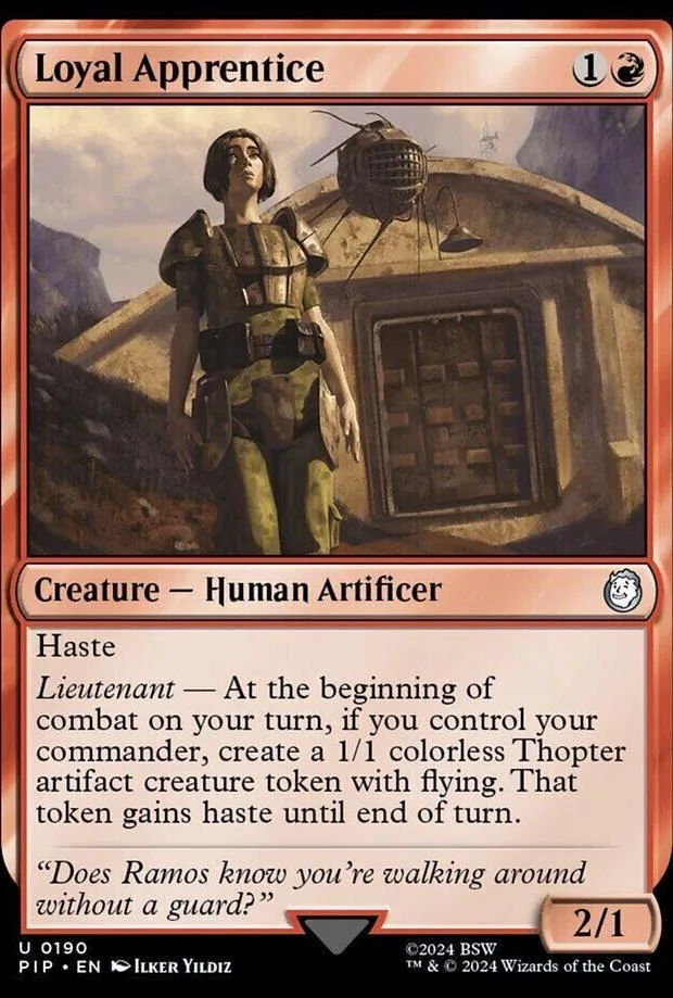 Artificer character standing before a large, rustic building. Card art.