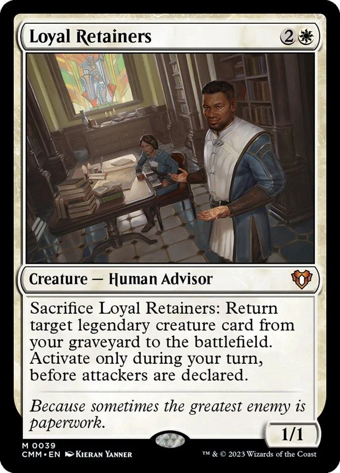 Card art shows man in blue and white standing in a library. Loyal Retainers creature card.